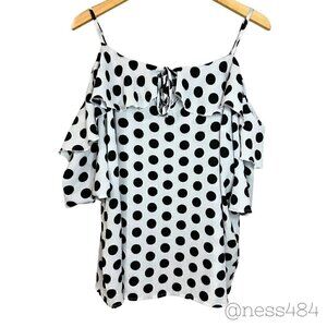 ROUGE COLLECTION‎ Polka Dot Cold Shoulder Ruffle Tie Neck Blouse Top 3X